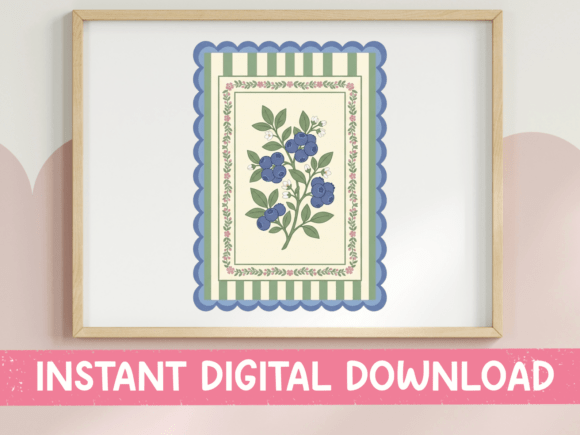 Blueberry Botanical Scalloped Print: Vintage Charm for Modern Projects